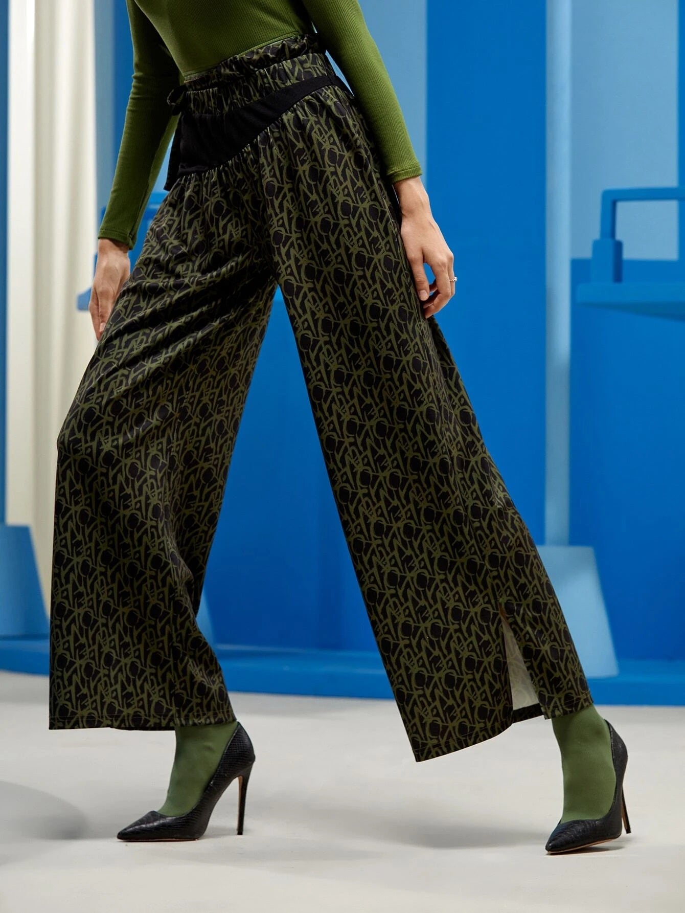 CM-BS582116 Women Elegant Seoul Style Split Side Knot Graphic Pattern Colorblock Wide Leg Pants