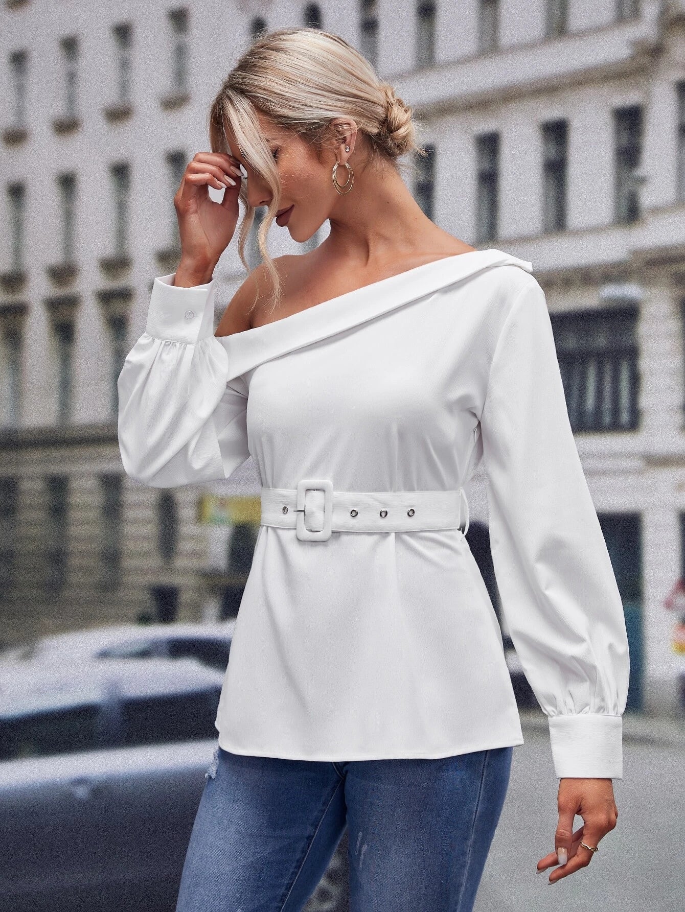 CM-TS268667 Women Elegant Seoul Style Asymmetrical Neck Belted Blouse - White