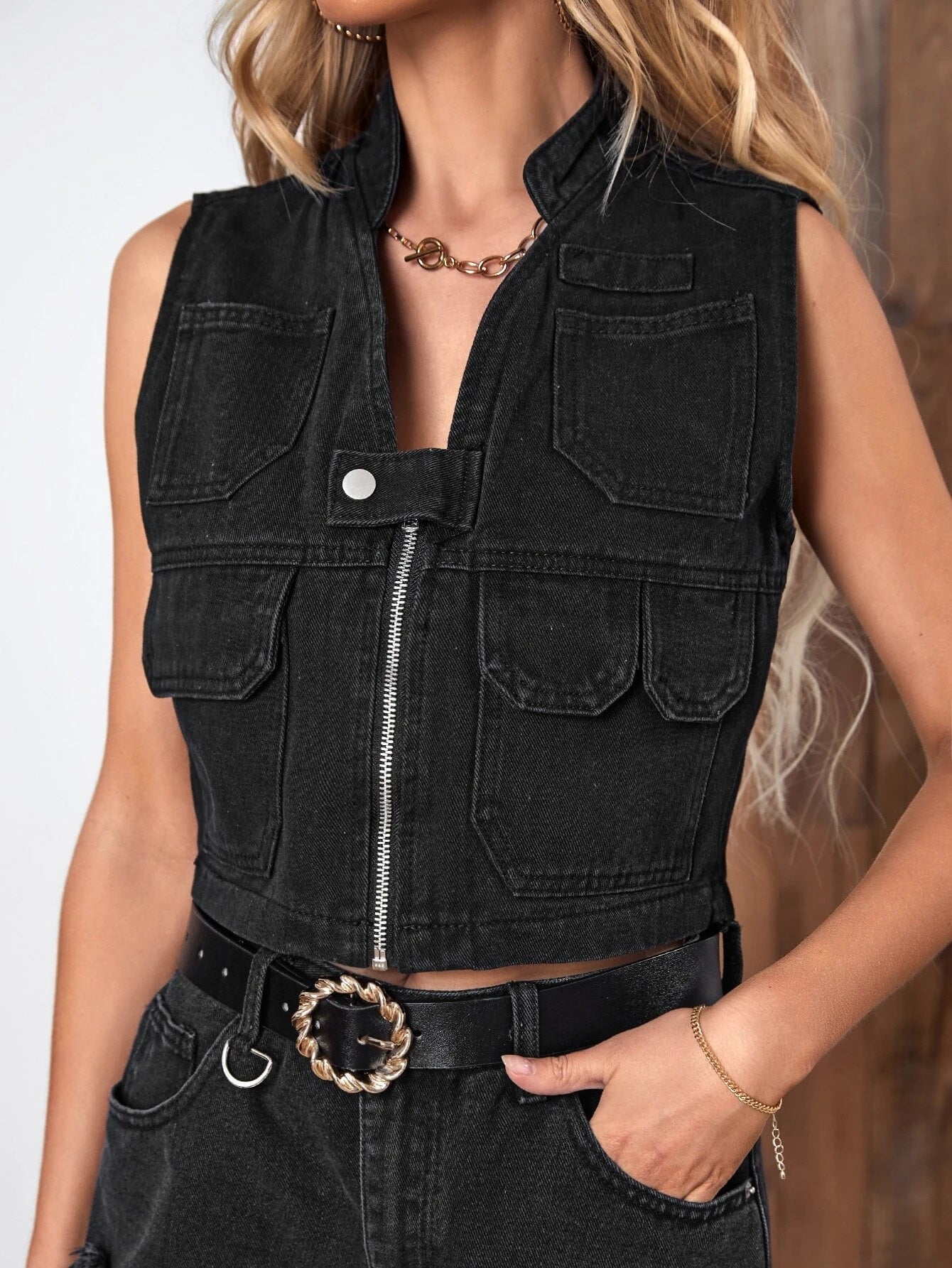 CM-TS340740 Women Casual Seoul Style Sleeveless Flap Pocket Denim Vest Jacket - Black