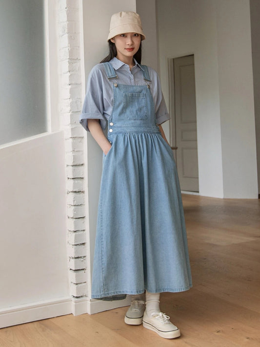 CM-DS458580 Women Preppy Seoul Style Light Wash Patched Pocket Overall Denim Dress