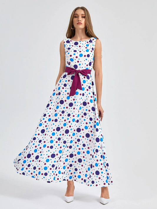 CM-DS833543 Women Elegant Seoul Style Sleeveless Polka Dot Belted A-Line Dress
