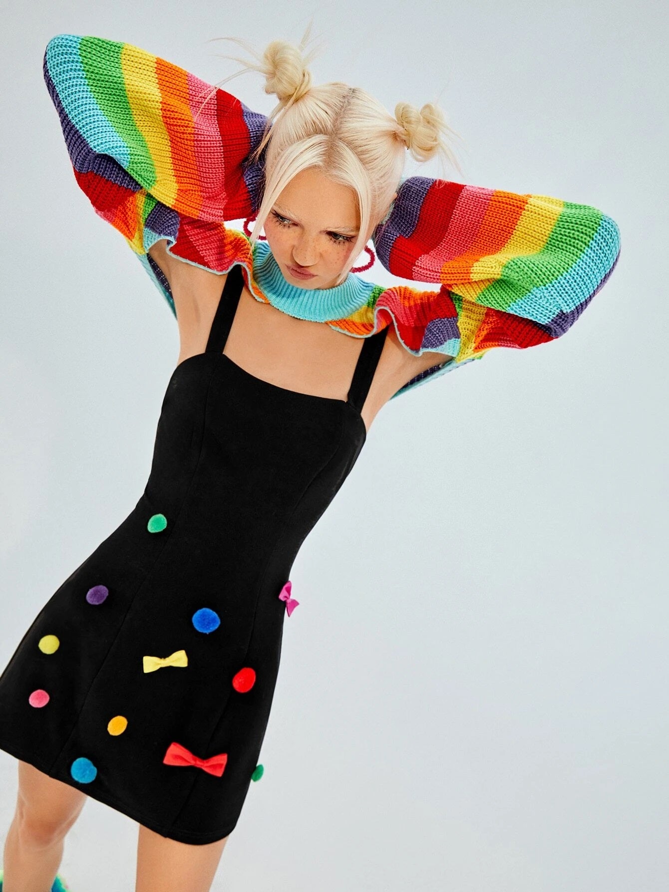 CM-CS337111 Women Casual Seoul Style Rainbow Striped Pattern Lantern Sleeve Shrug Sweater