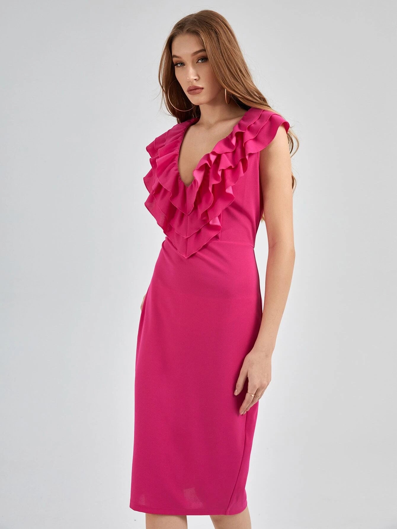 CM-DS282223 Women Elegant Seoul Style Layered Ruffle Trim Split Back Fitted Dress - Hot Pink
