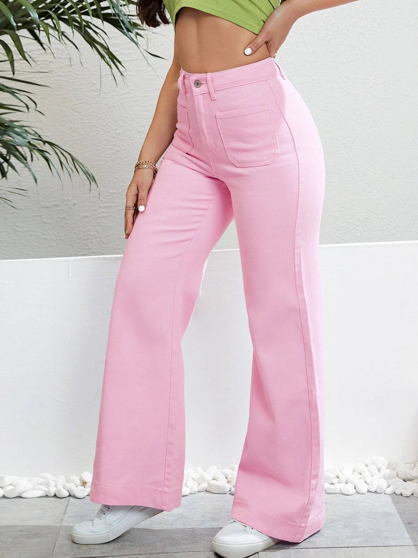CM-BS526651 Women Preppy Seoul Style Patched Pocket Wide Leg Jeans - Baby Pink