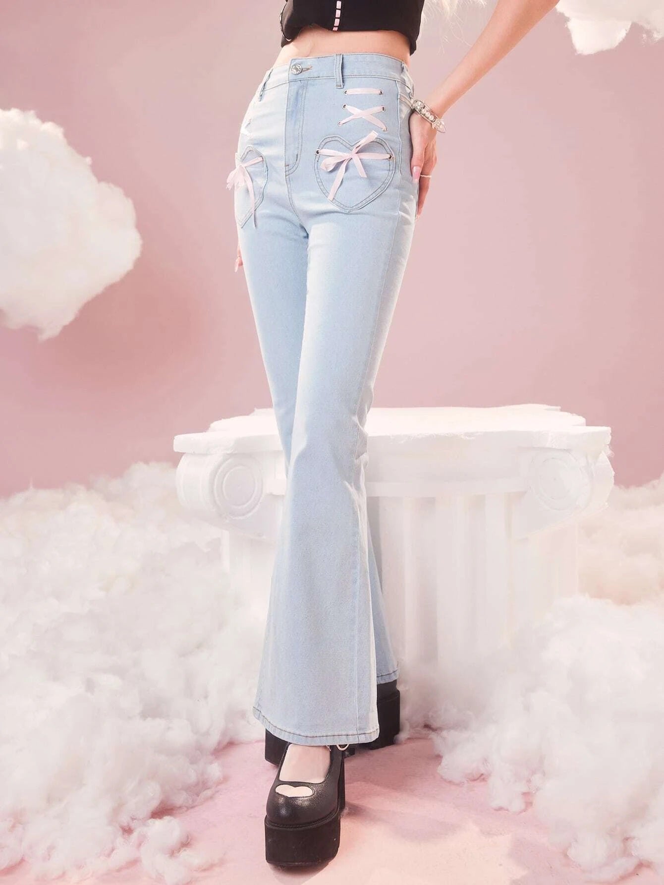 CM-BS756998 Women Casual Seoul Style Sweetness Bow Decor Flare Leg Jeans
