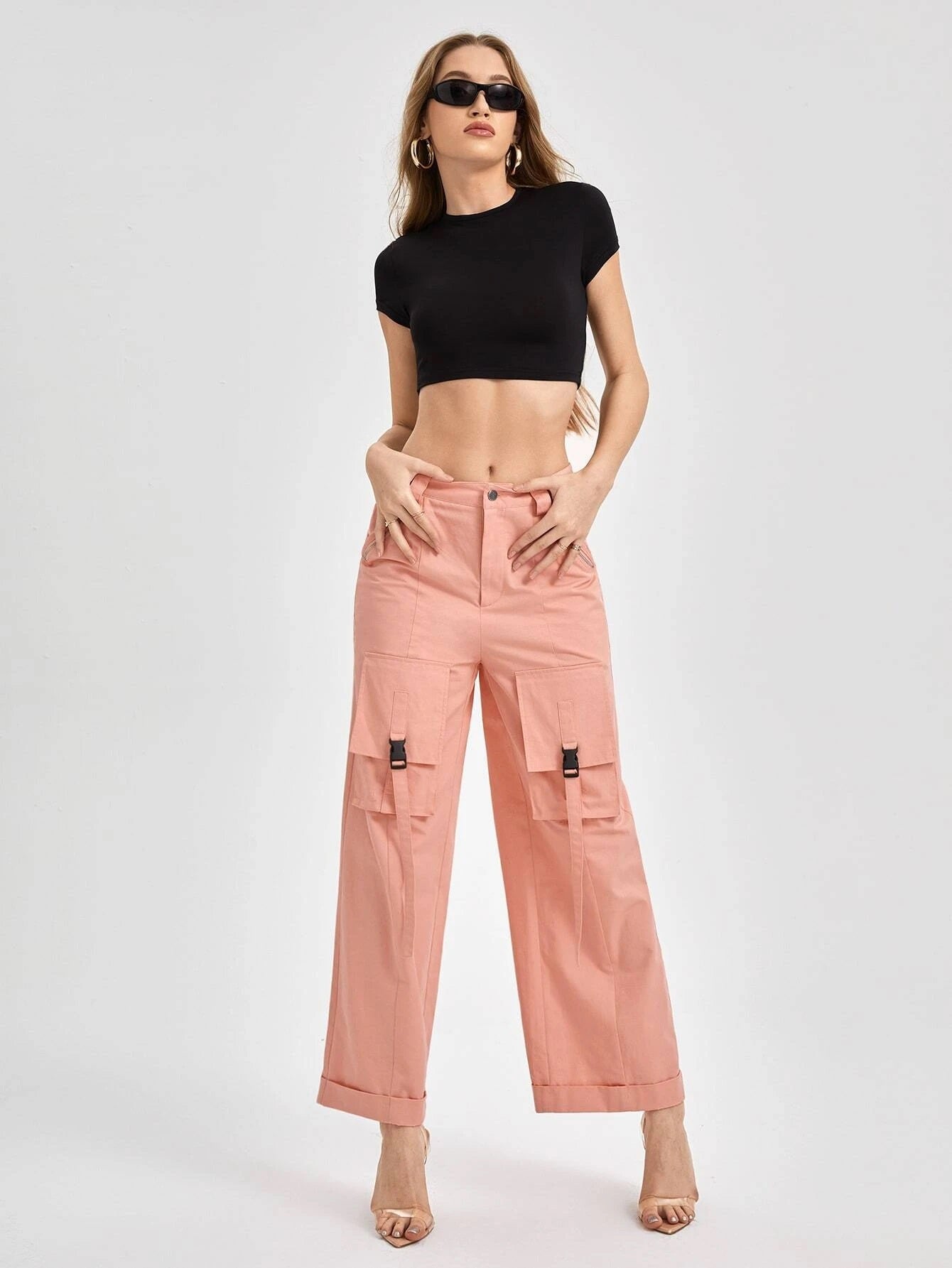 CM-BS762326 Women Casual Seoul Style Streetwear Flap Pocket Wide Leg Pants - Coral Pink