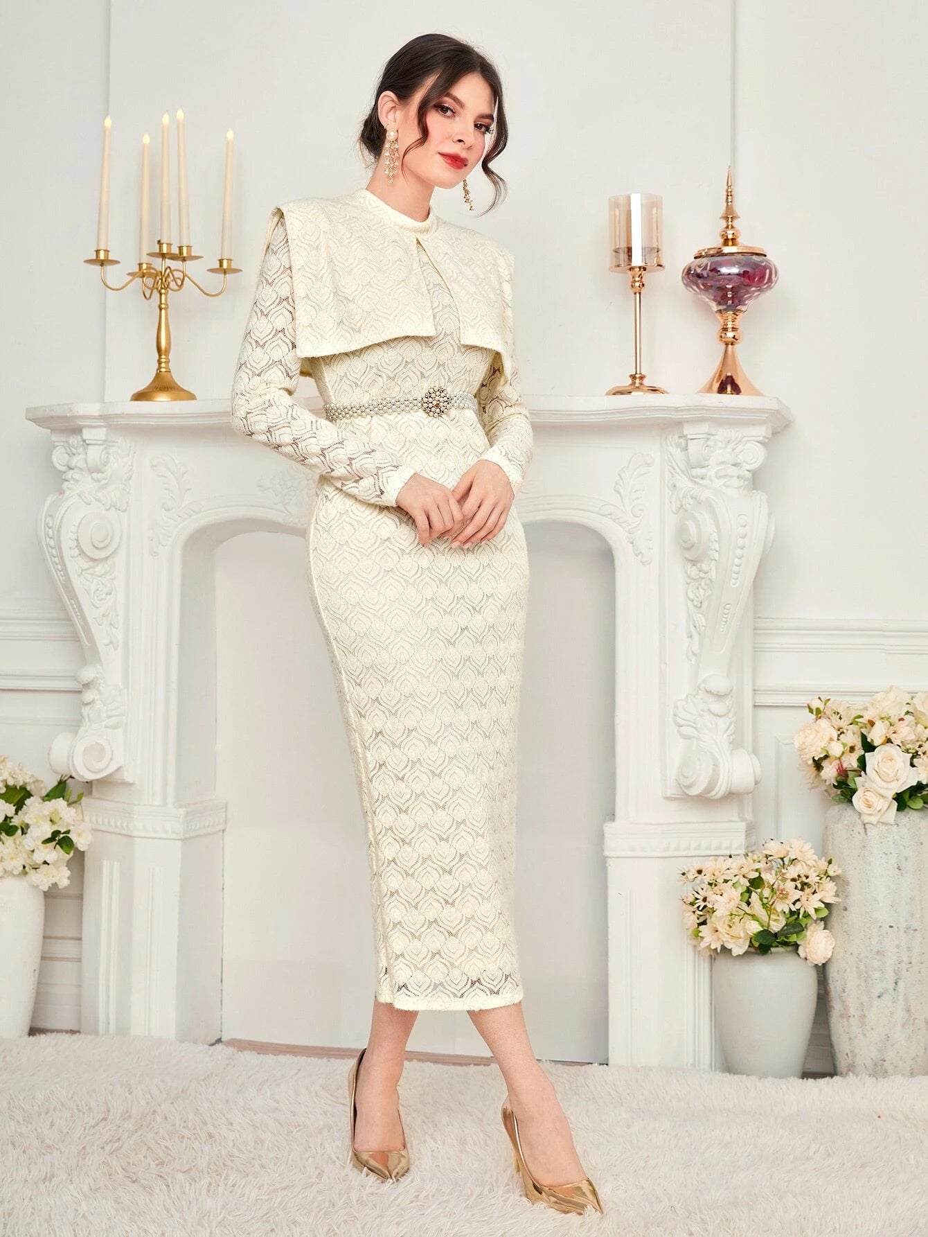 CM-DS888011 Women Elegant Seoul Style Foldover Front Split Back Lace Overlay Dress