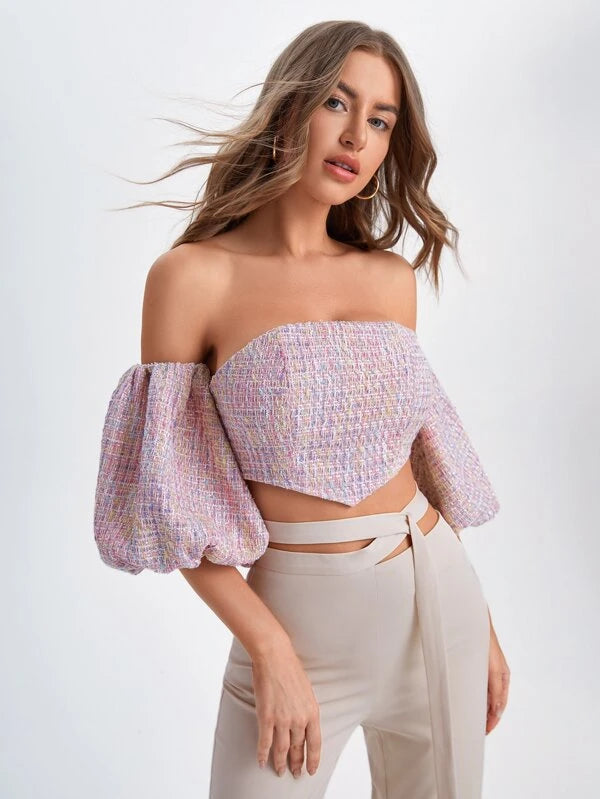 CM-TS649327 Women Elegant Seoul Style Off Shoulder Lantern Sleeve Asymmetrical Hem Crop Top