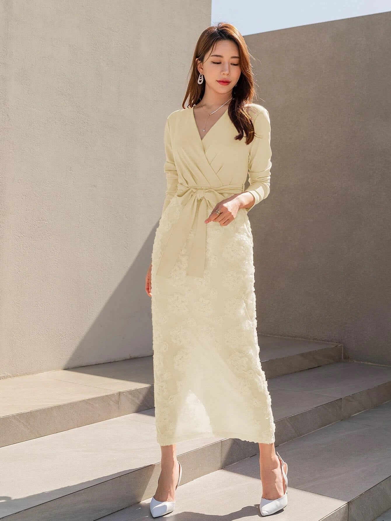 CM-DS618786 Women Elegant Seoul Style Floral Jacquard Split Back Belted Dress - Apricot