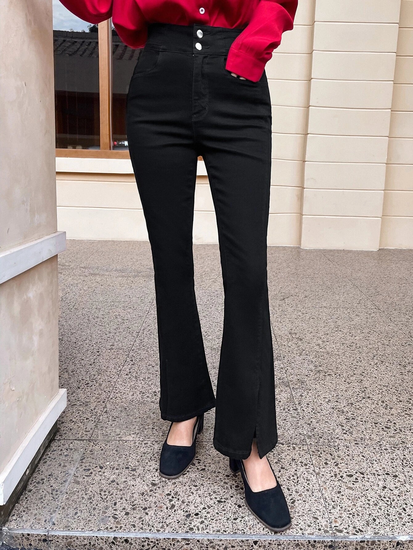 CM-BS187313 Women Casual Seoul Style High Waist Split Hem Flare Leg Jeans - Black