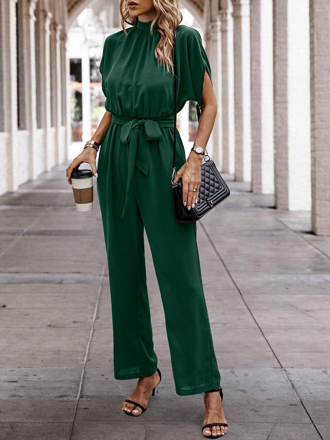 CM-JS818871 Women Casual Seoul Style Mock Neck Batwing Sleeve Belted Jumpsuit - Dark Green