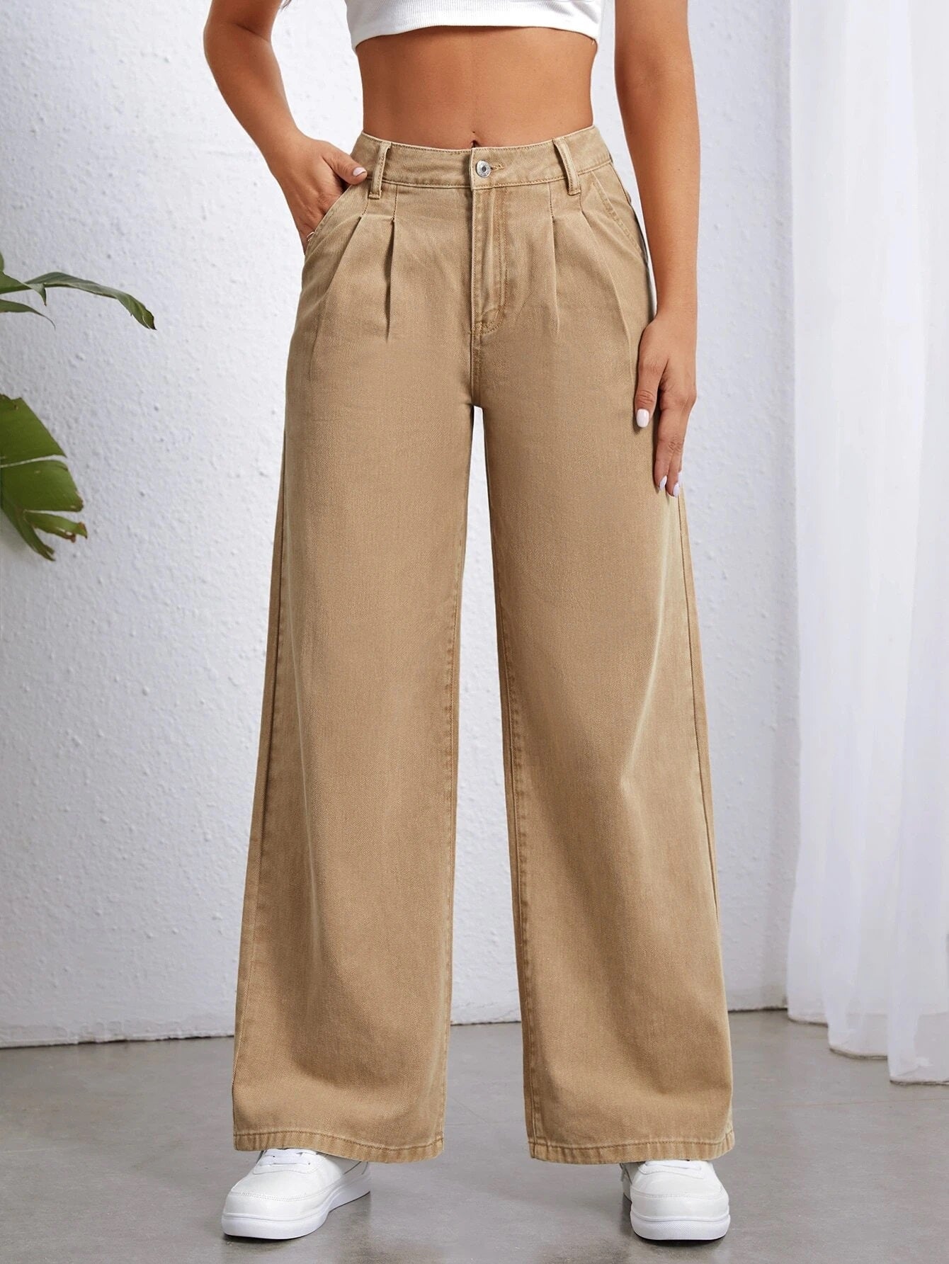 CM-BS001641 Women Preppy Seoul Style High Waist Wide Leg Jeans - Khaki