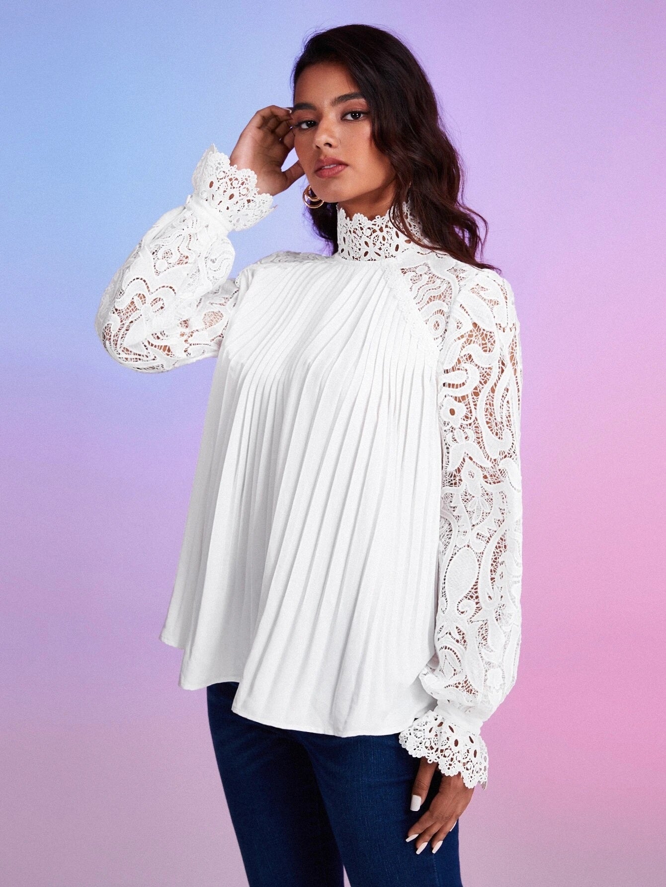 CM-TS971073 Women Elegant Seoul Style Contrast Lace Flounce Sleeve Pleated Detail Blouse