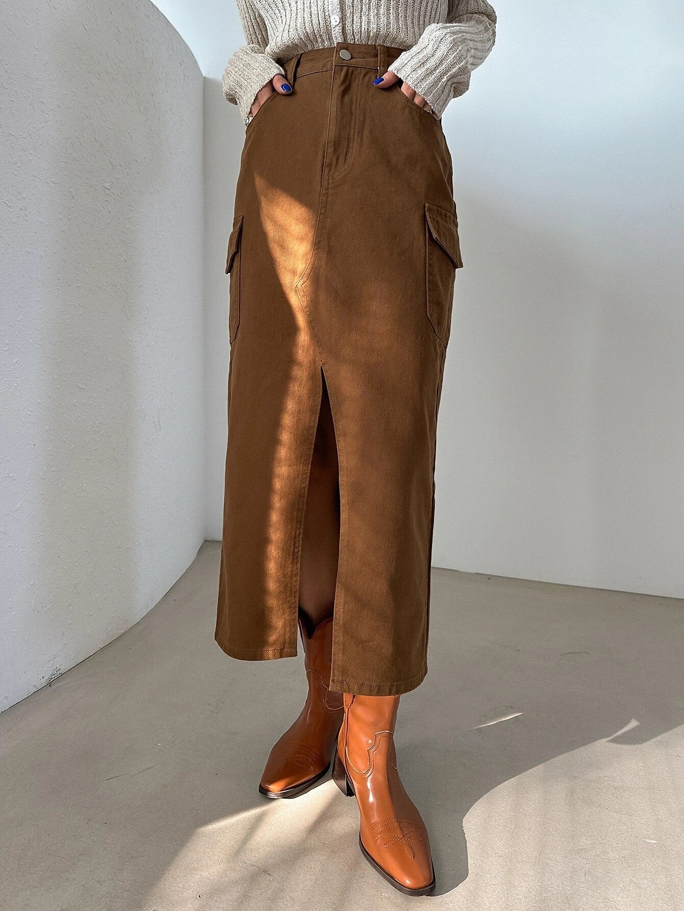 CM-BS080390 Women Casual Seoul Style High Waist Split Thigh Denim Skirt - Coffee Brown