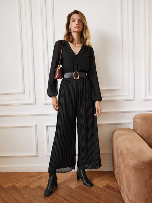 CM-JS061505 Women Elegant Seoul Style Lantern Sleeve Overlap Collar Pleated Culotte Jumpsuit