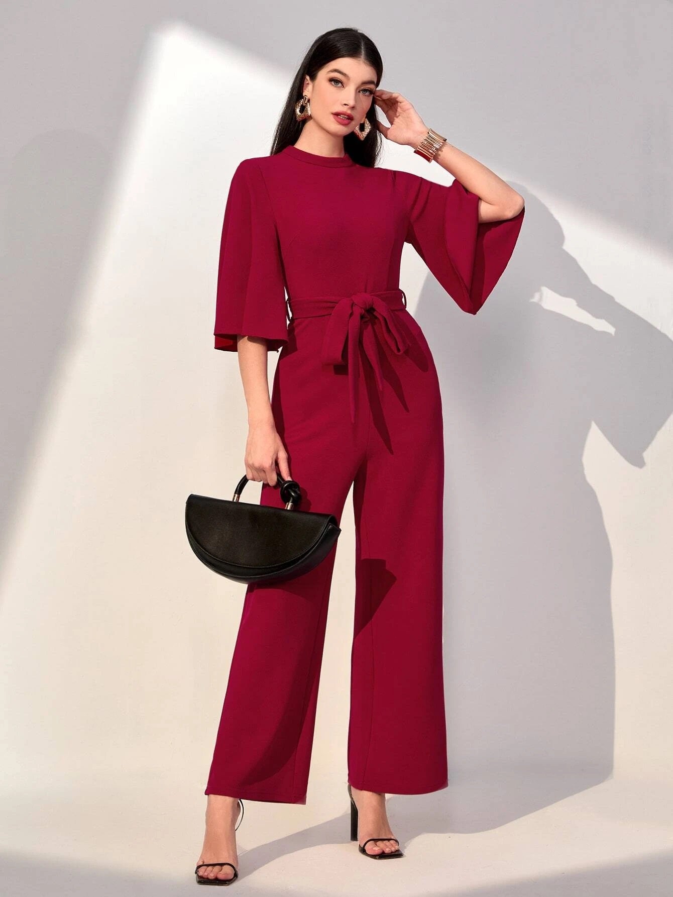CM-JS124404 Women Elegant Seoul Style Solid Flounce Sleeve Belted Jumpsuit - Burgundy