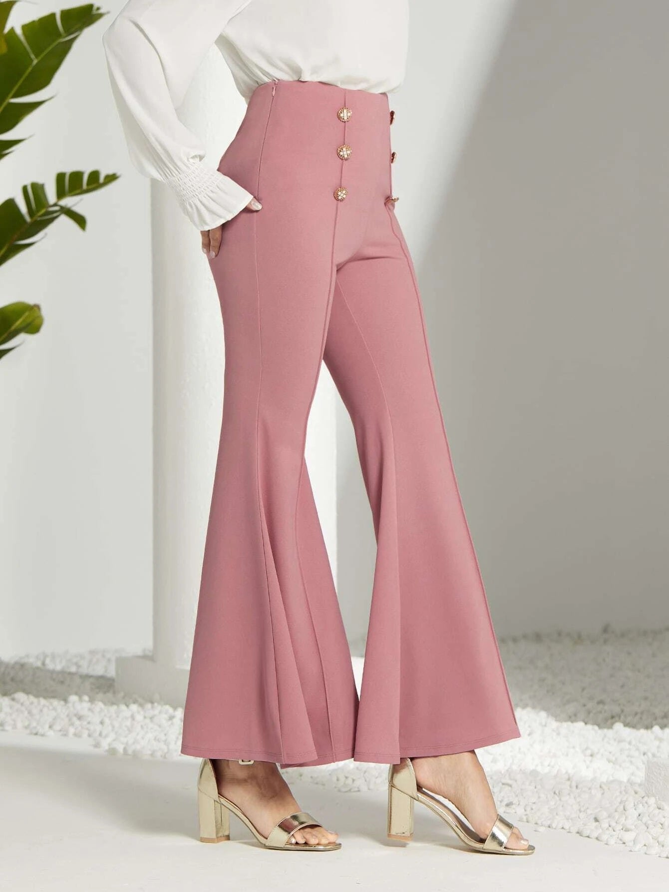 CM-BS437860 Women Elegant Seoul Style High Waist Button Detail Flare Leg Pants - Dusty Pink