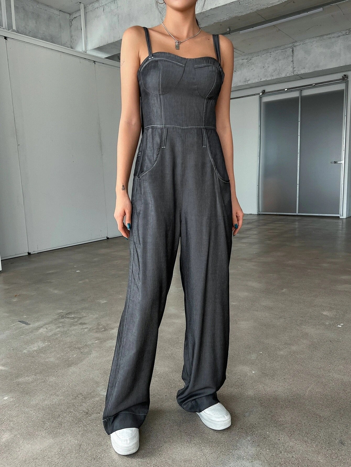 CM-JS020685 Women Casual Seoul Style Solid Slant Pocket Zip Back Cami Jumpsuit - Dark Gray