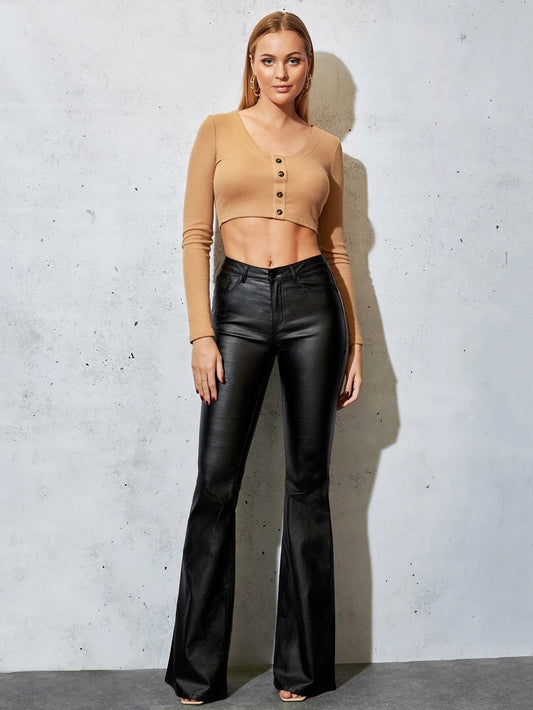 CM-BS151691 Women Preppy Seoul Style Drop Waist Zipper Fly Flare Leg Jeans - Black
