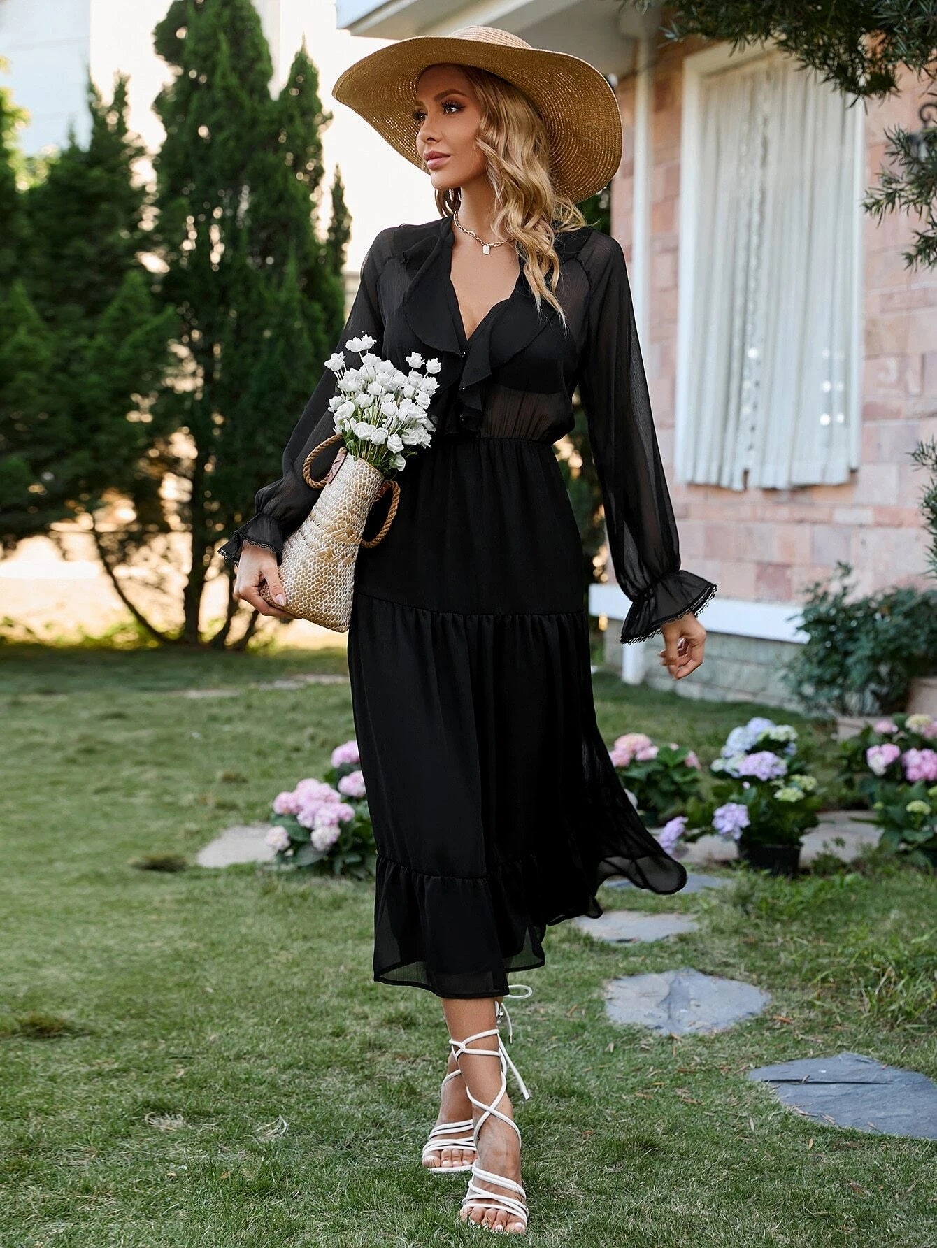 CM-DS416138 Women Elegant Seoul Style Contrast Mesh Flounce Sleeve Ruffle Hem Dress