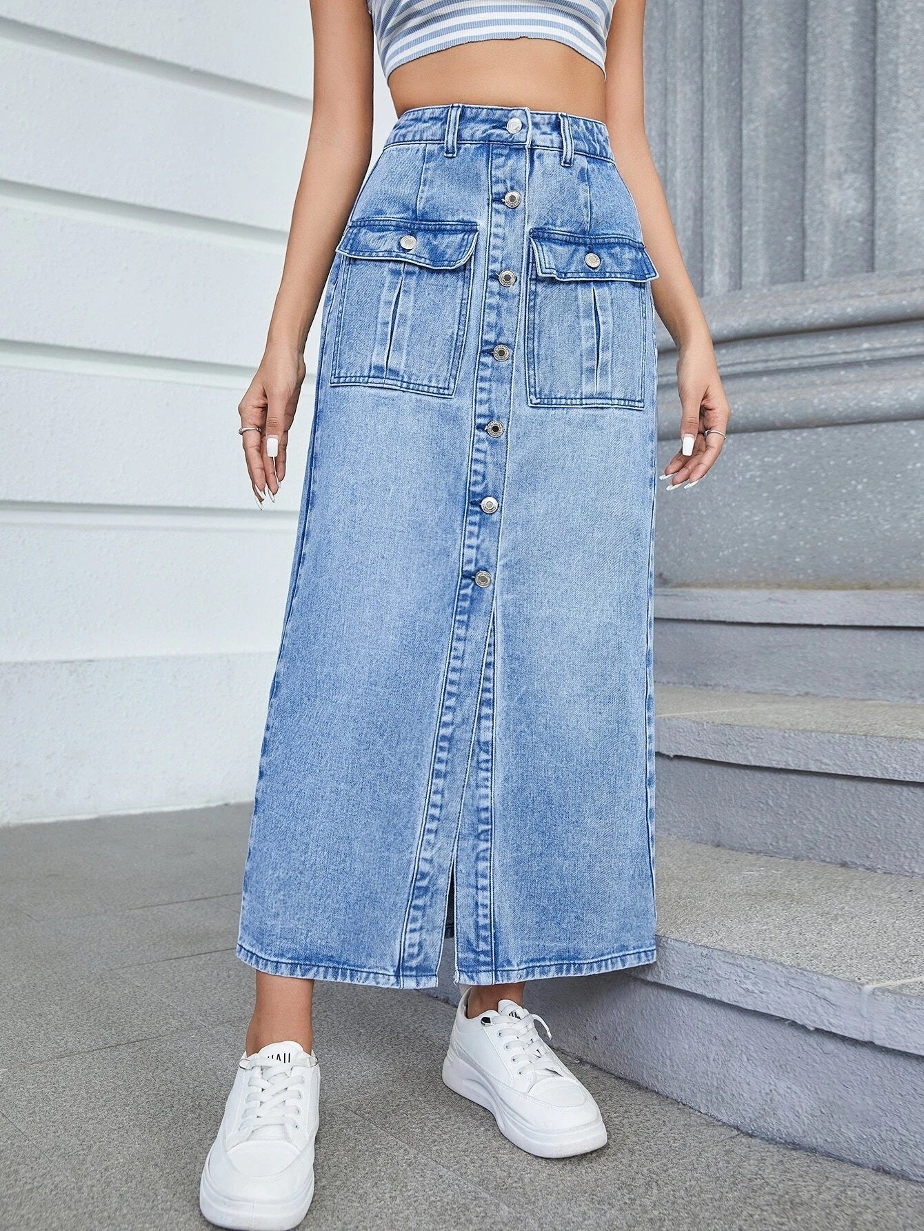 CM-BS795112 Women Casual Seoul Style Medium Wash Button Front Flap Pocket Denim Skirt