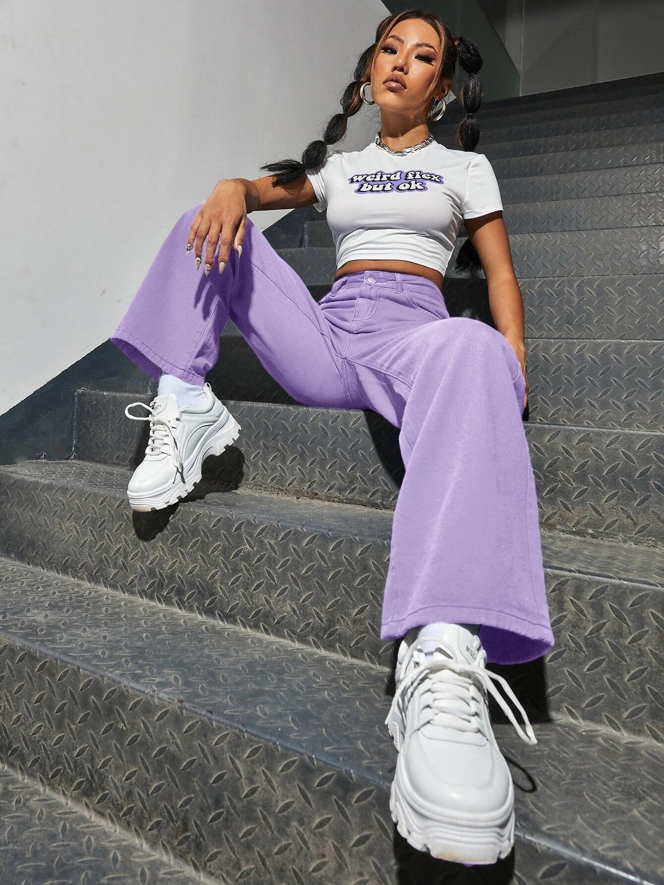 CM-BS000904 Women Preppy Seoul Style Slant Pocket High Waist Boyfriend Jeans - Purple