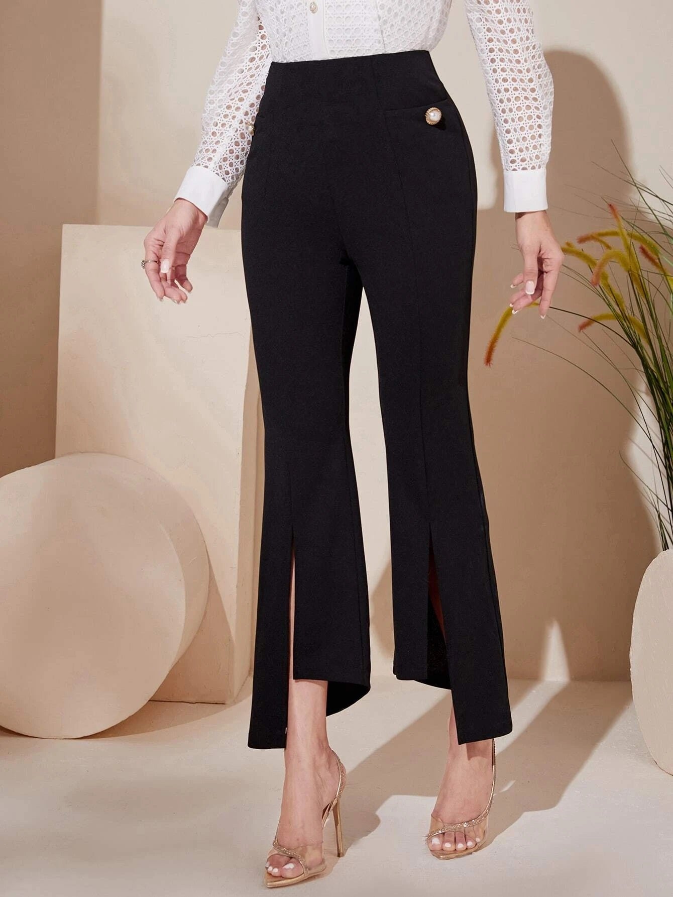 CM-BS022522 Women Elegant Seoul Style High Waist Button Detail Split Hem Flare Leg Pants