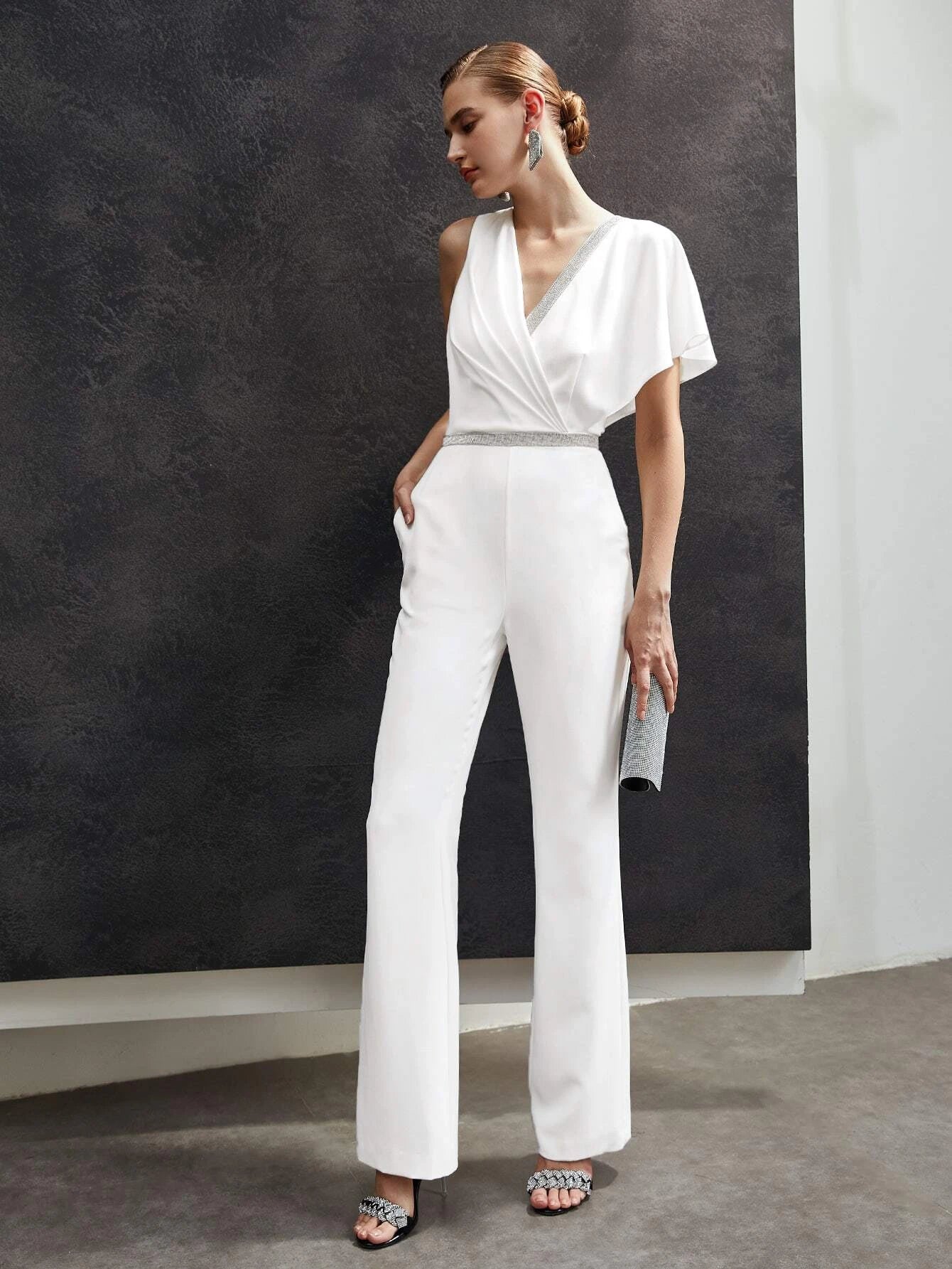 CM-JS651109 Women Elegant Seoul Style Glitter Tape Asymmetrical Jumpsuit - White