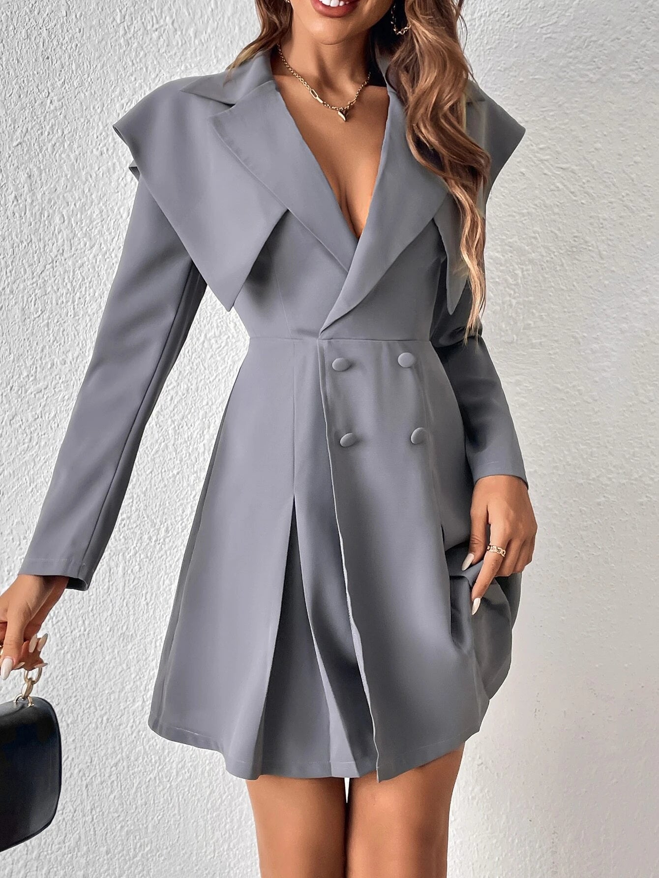 CM-DS150746 Women Elegant Seoul Style Double Breasted Fold Pleated Dress - Gray