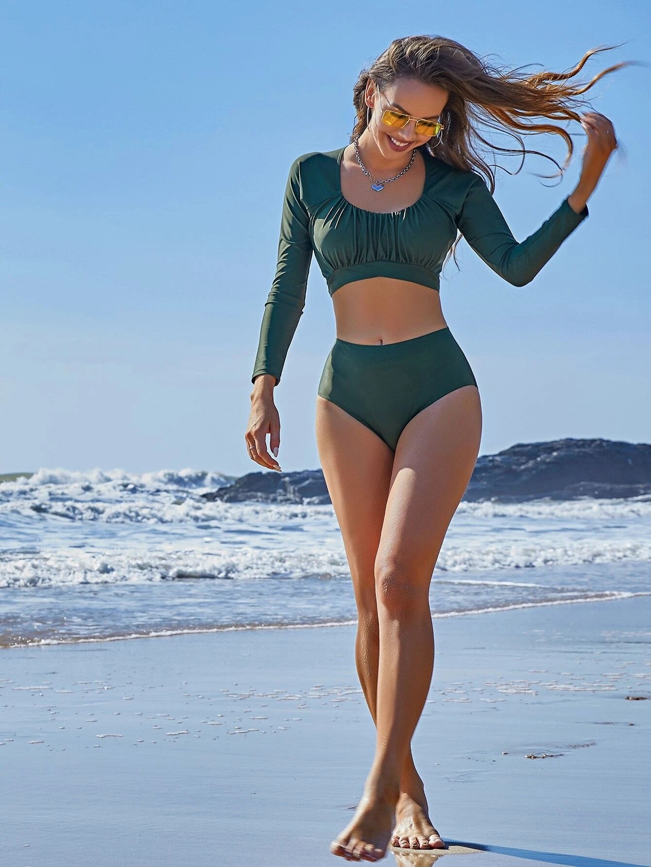 CM-SWS905220 Women Trendy Seoul Style Ruched Bust High Waisted Bikini Swimsuit With Long Sleeve