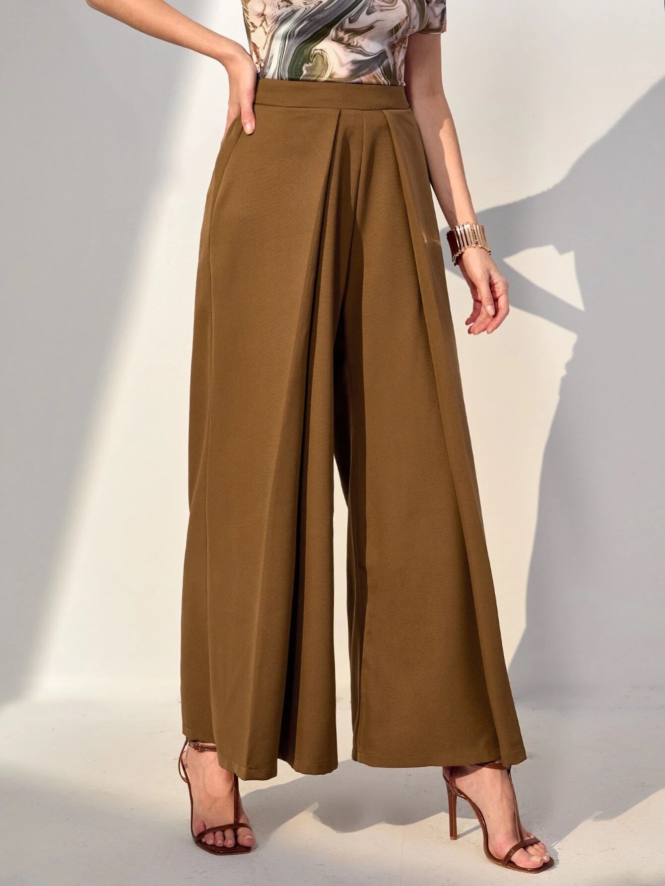 CM-BS994247 Women Trendy Bohemian Style High Waist Fold Pleated Wide Leg Pants - Khaki