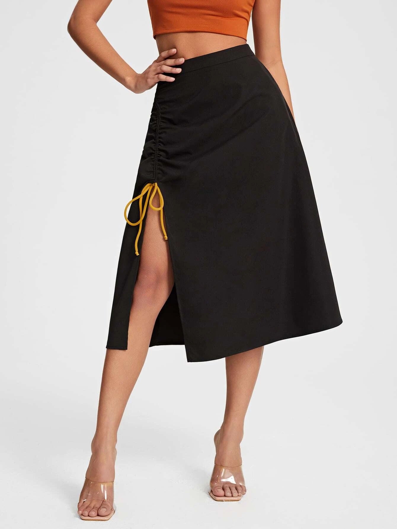 CM-BS077585 Women Casual Seoul Style Drawstring Front Split Thigh Skirt - Black