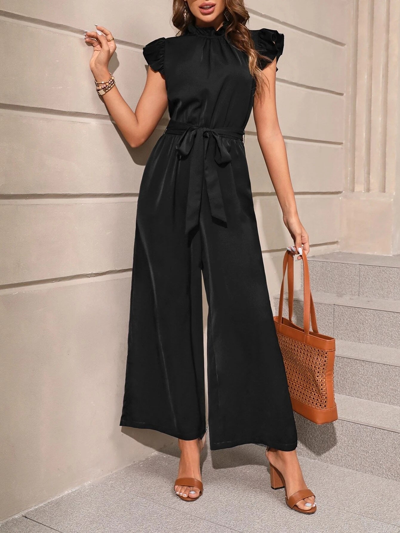 CM-JS160557 Women Casual Seoul Style Butterfly Sleeve Slant Pocket Belted Wide Leg Jumpsuit