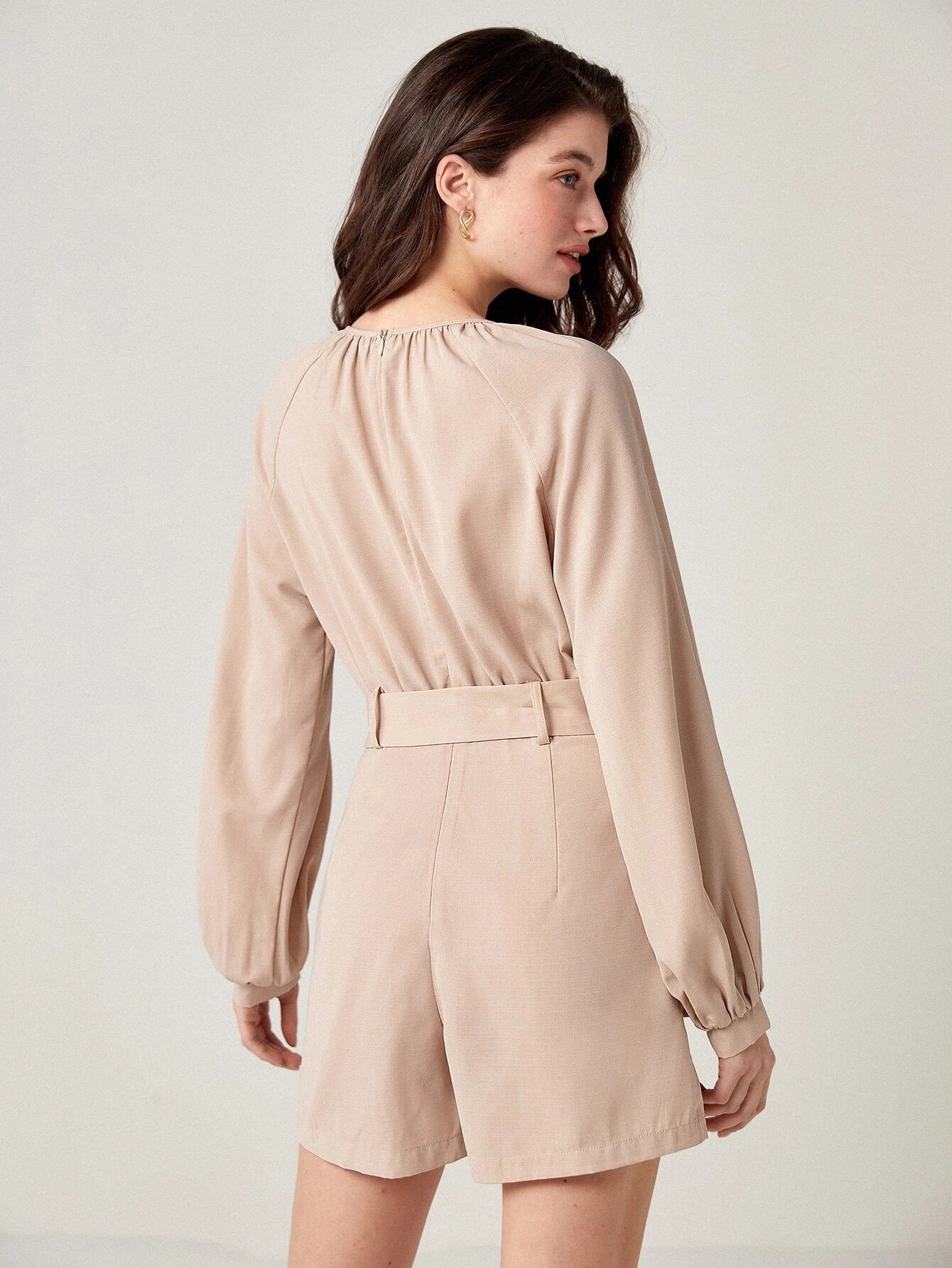CM-JS759153 Women Casual Seoul Style Long Sleeve Tie Neck Flap Detail Belted Romper - Apricot