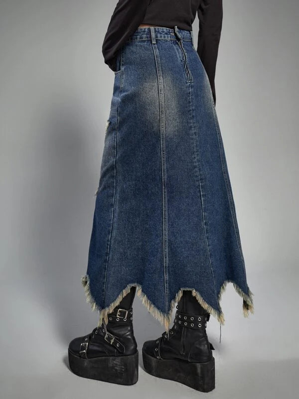 CM-BS457511 Women Preppy Seoul Style Punk Star Pattern Raw Hem Slant Pocket Denim Skirt