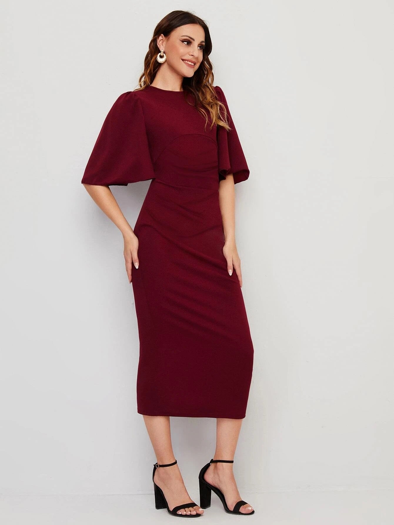 CM-DS118978 Women Casual Seoul Style Butterfly Sleeve Keyhole Back Split Hem Dress - Burgundy