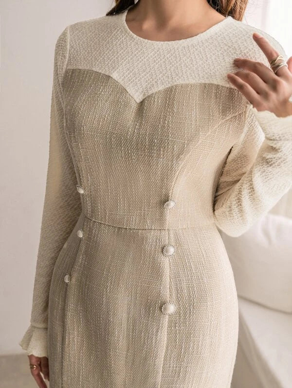 CM-DS164452 Women Elegant Seoul Style Zip Back Split Hem Fitted Dress - Apricot