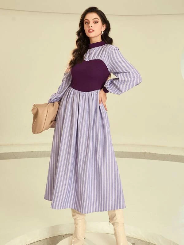 CM-DS671242 Women Casual Seoul Style Striped Mock Neck Lantern Sleeve Dress - Purple