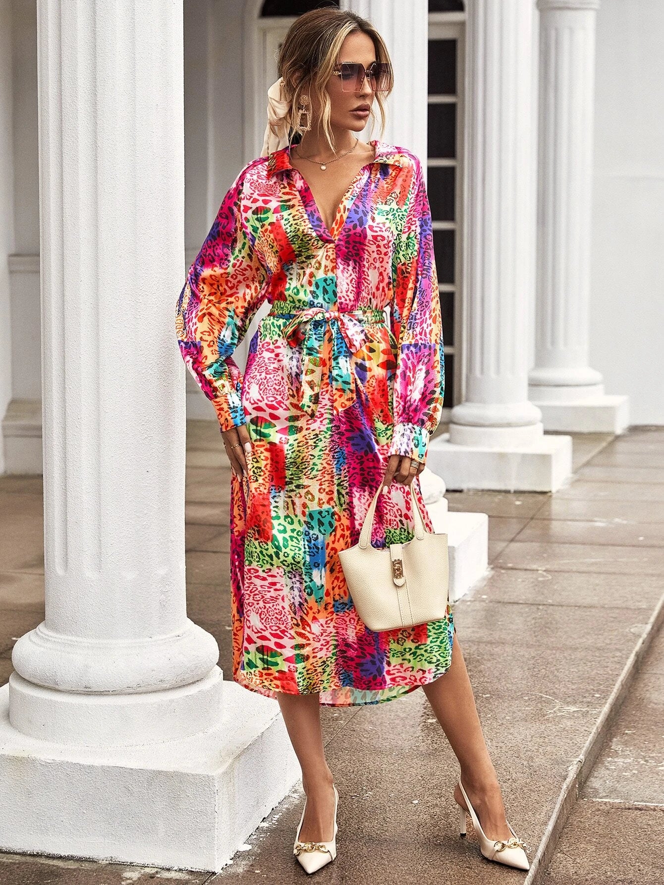 CM-DS842711 Women Casual Seoul Style Allover Print Lantern Sleeve Belted Tunic Dress