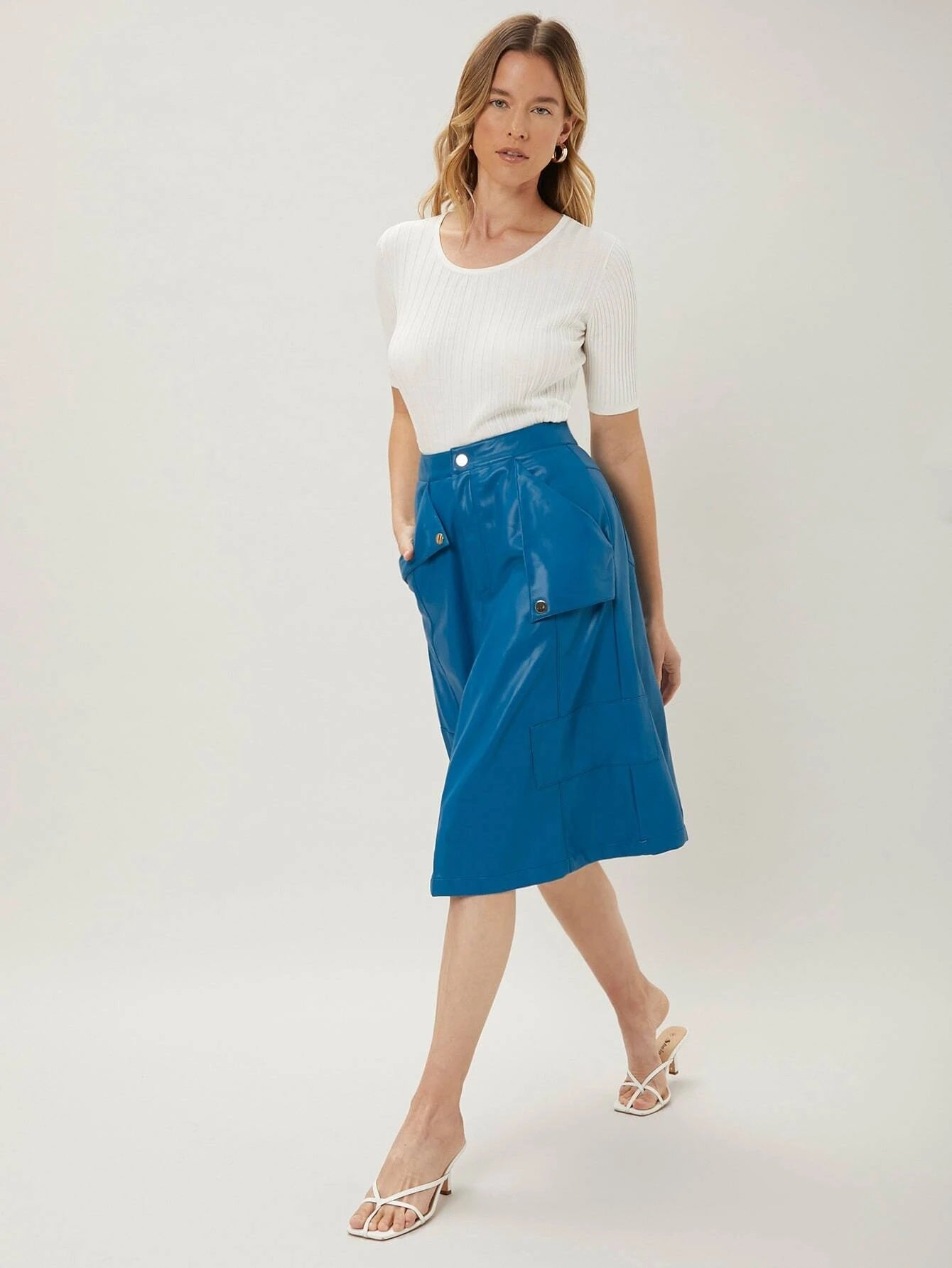 CM-BS569040 Women Elegant Seoul Style High Waist PU Leather A-Line Skirt - Blue