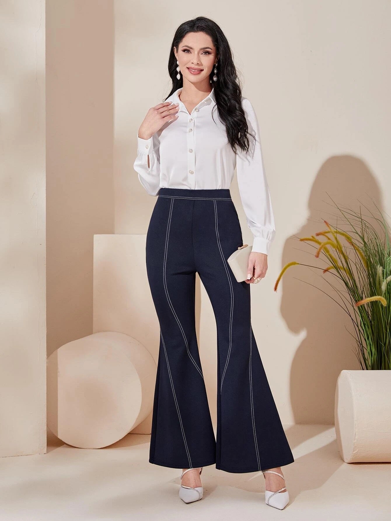 CM-BS148038 Women Elegant Seoul Style High Waist Top-Stitching Flare Leg Pants - Navy Blue