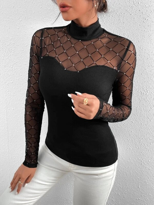CM-TS472747 Women Casual Seoul Style Rhinestone Insert Contrast Mesh High Neck Tee