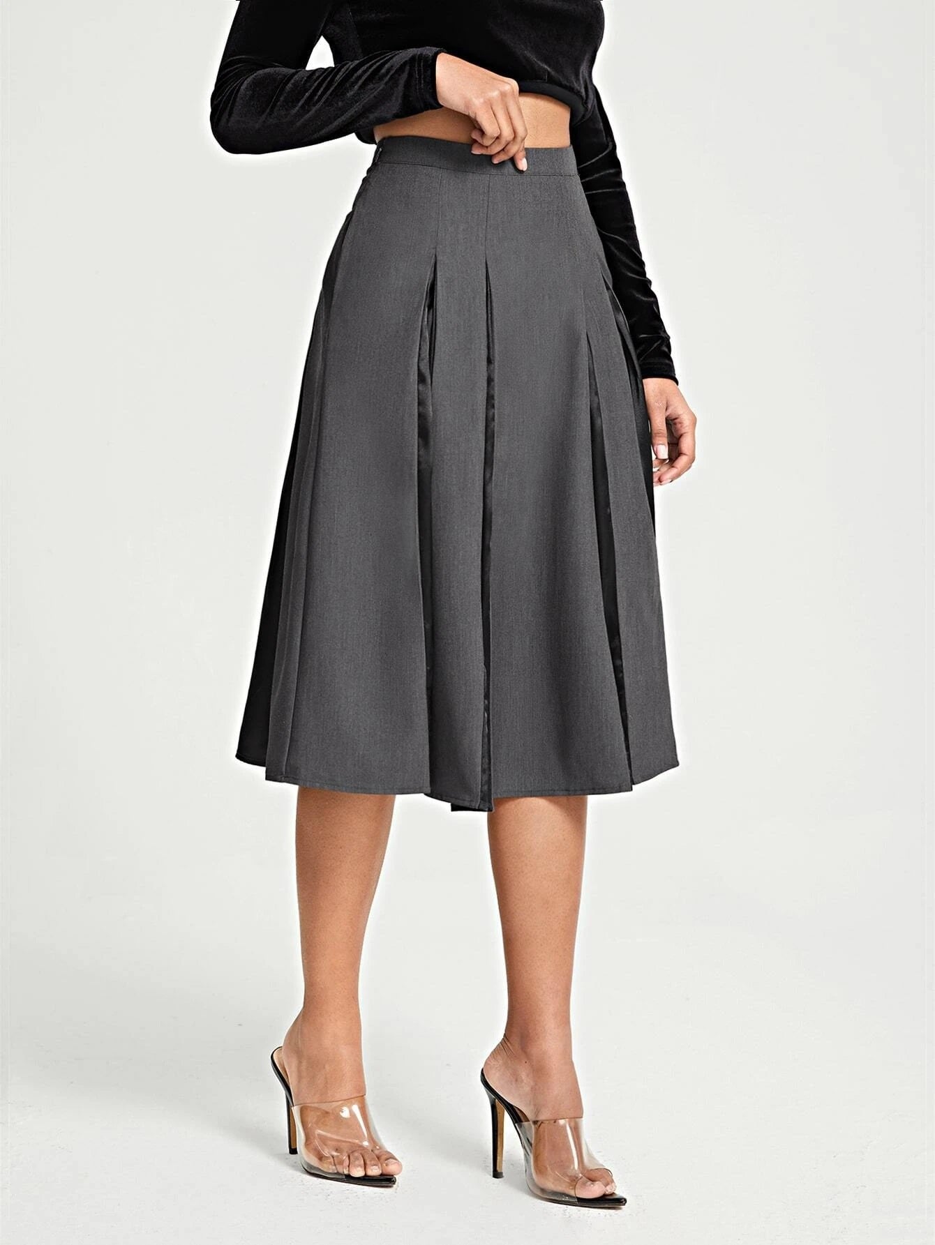 CM-BS073246 Women Elegant Seoul Style High Waist Solid Fold Pleated Skirt - Dark Gray