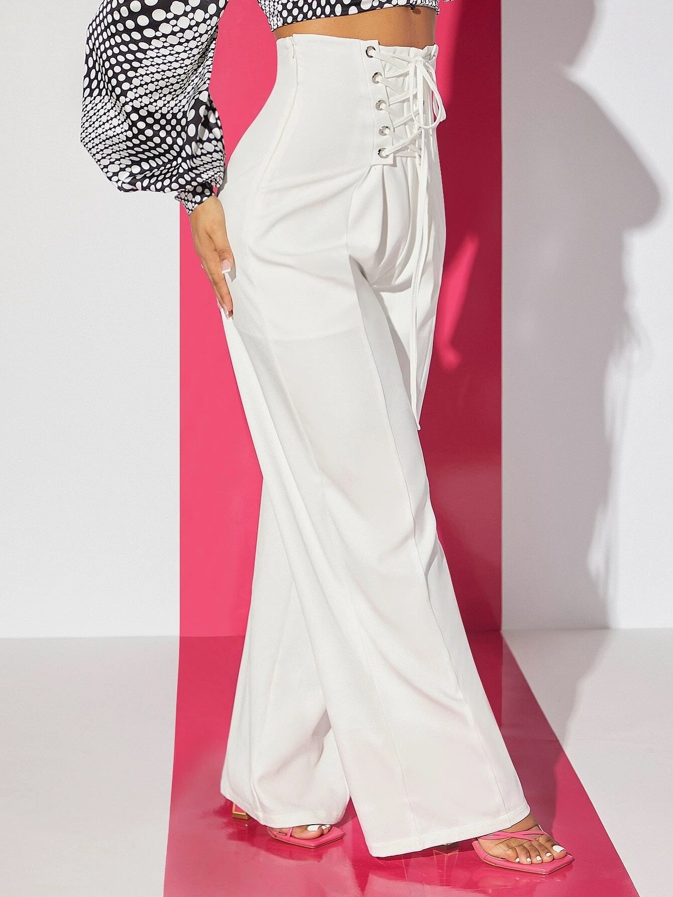 CM-BS159909 Women Elegant Seoul Style Lace Up Front Wide Leg Pants - White