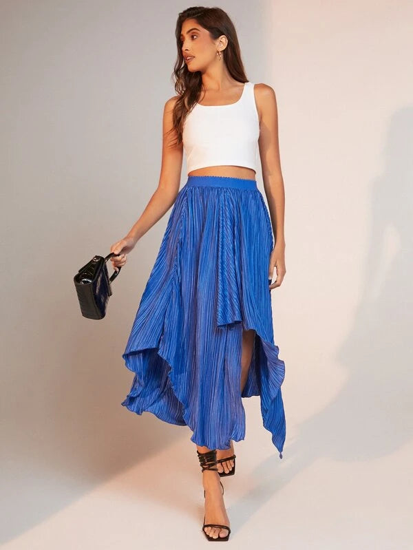 CM-BS133918 Women Elegant Seoul Style Asymmetrical Hem Solid Skirt - Royal Blue