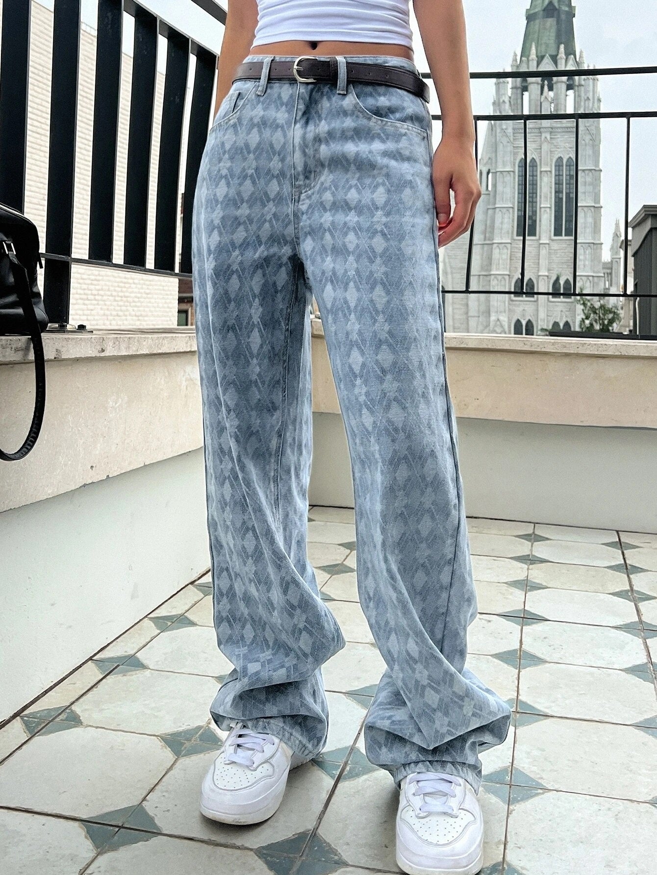 CM-BS232339 Women Preppy Seoul Style Light Wash Argyle Pattern Wide Leg Jeans