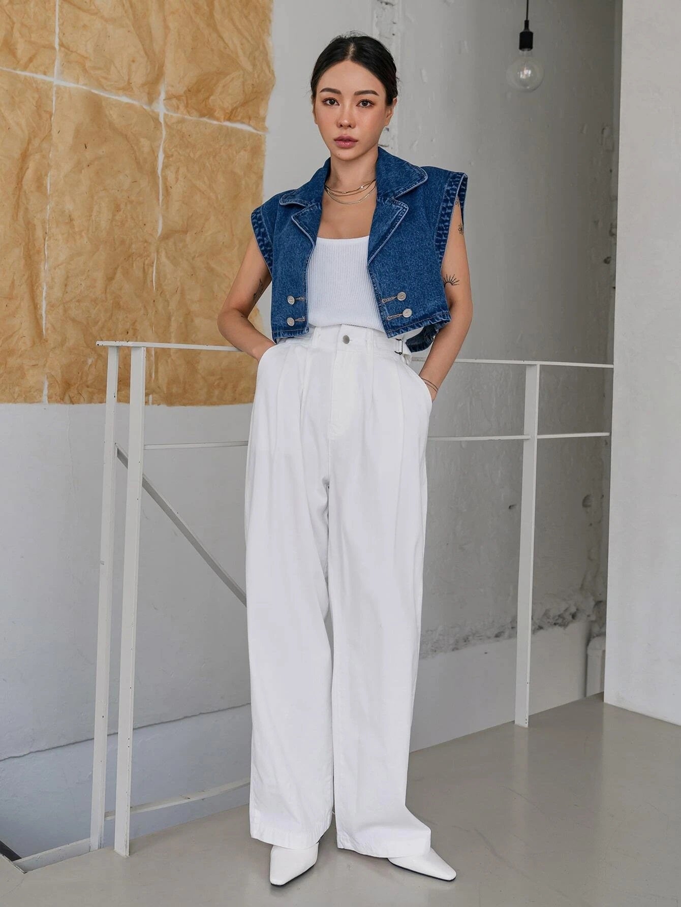 CM-TS223127 Women Casual Seoul Style Batwing Sleeve Double Breasted Denim Shirt