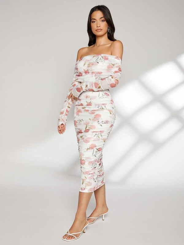 CM-DS527950 Women Elegant Seoul Style Floral Print Off Shoulder Ruched Dress - White
