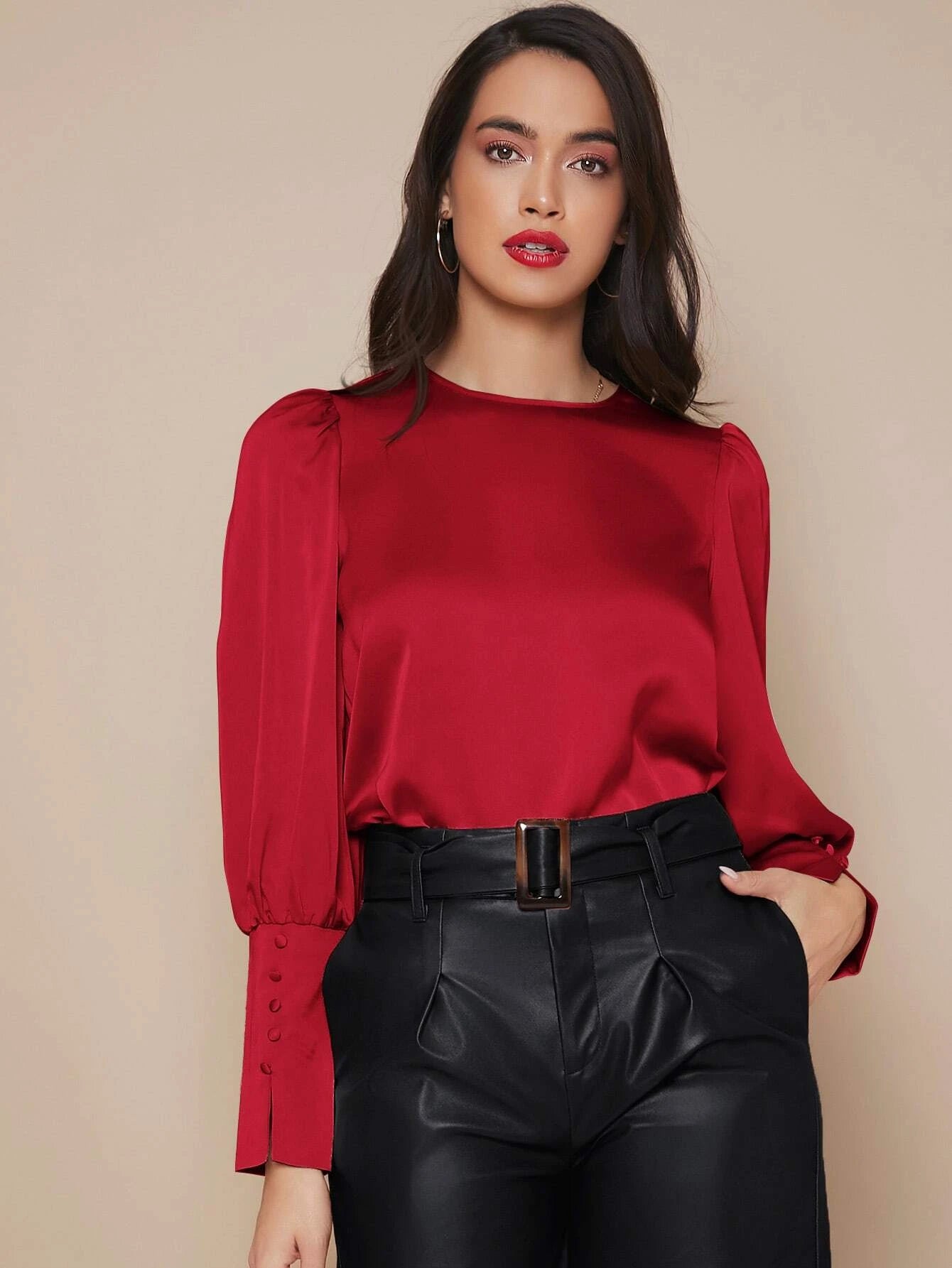CM-TS811878 Women Elegant Seoul Style Buttoned Cuff Lantern Sleeve Satin Top - Red