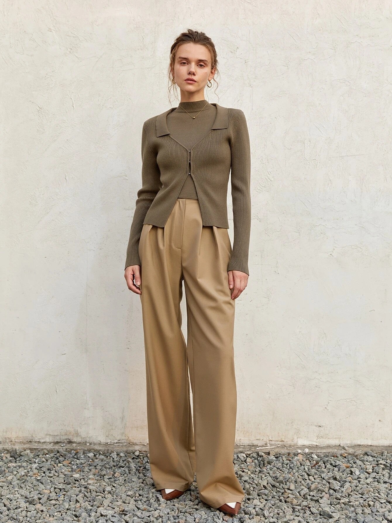 CM-BS258391 Women Elegant Seoul Style High Waist Fold Pleated Pants - Khaki